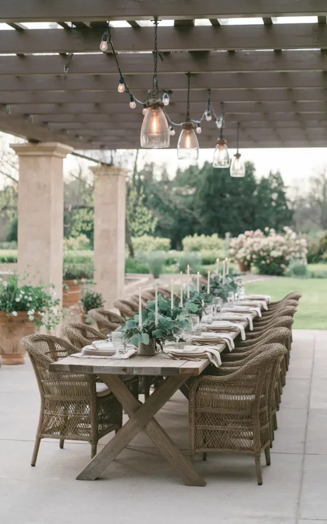 Place a long farmhouse dining table underneath