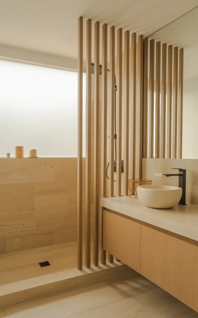 Separate the shower using vertical wood slats