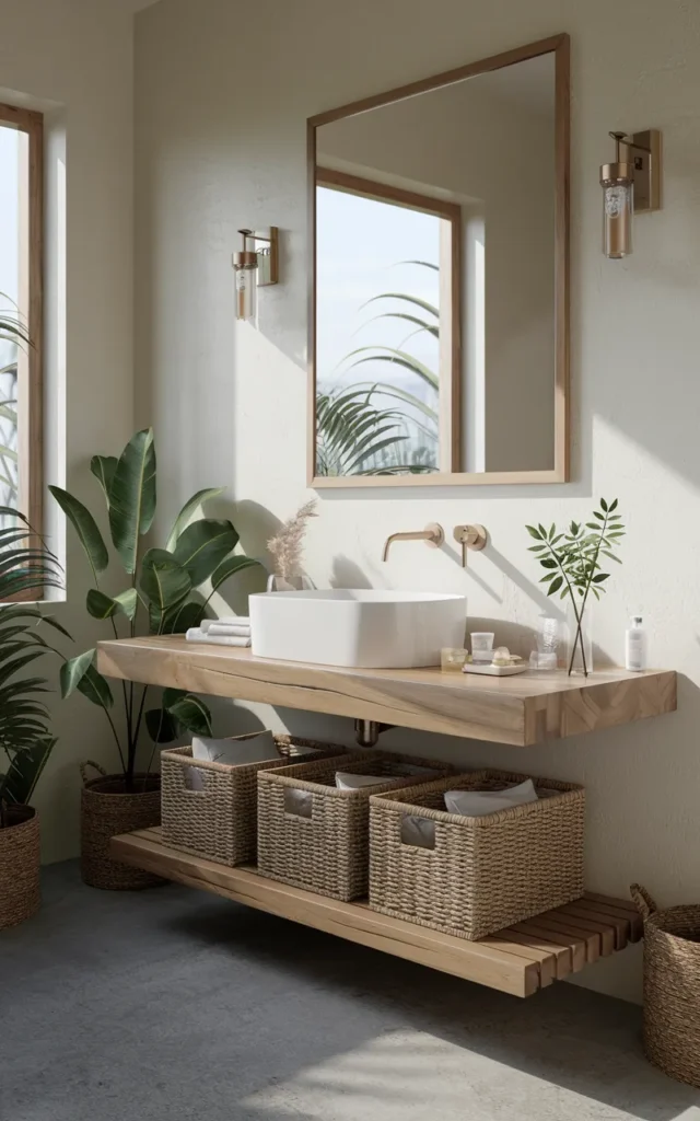 Slide baskets underneath floating vanities