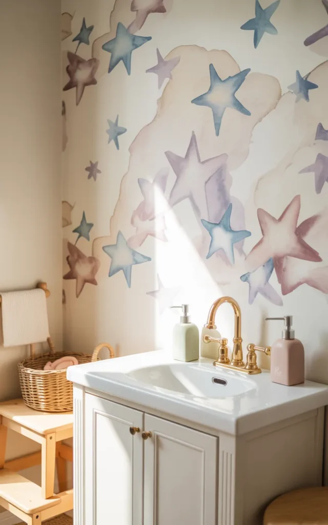 Stick peel-and-stick wallpaper behind the vanity