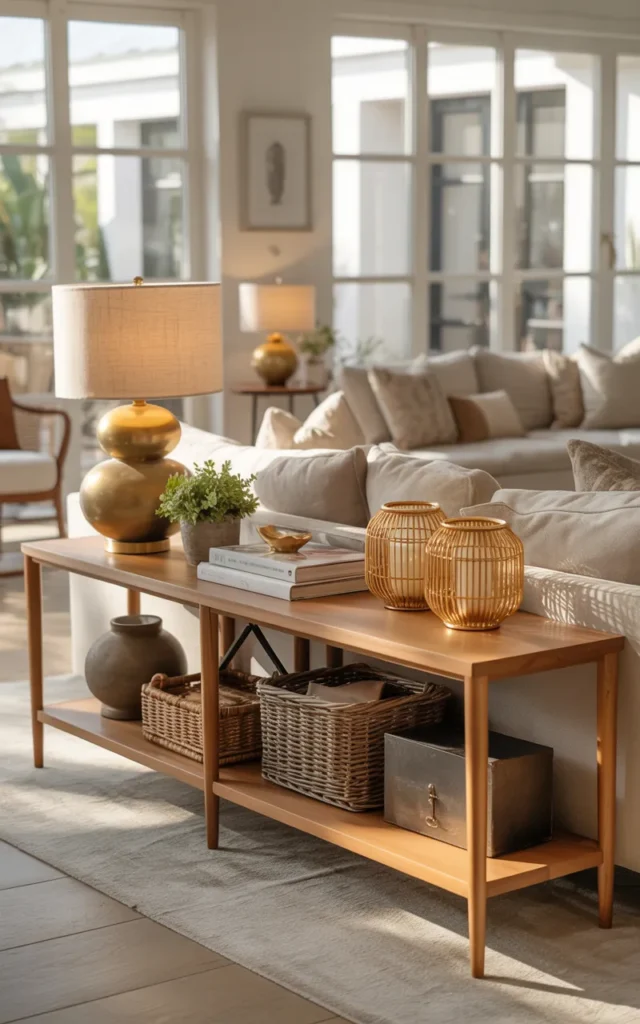 Style a console table behind the sofa thoughtfully