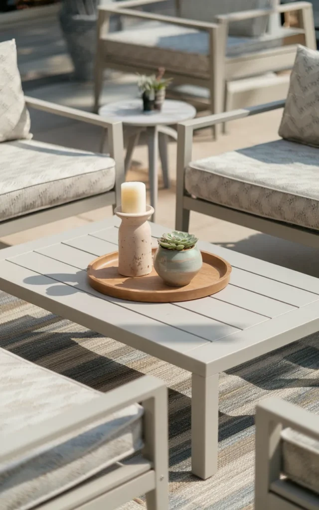 Style a small outdoor coffee table with simple décor