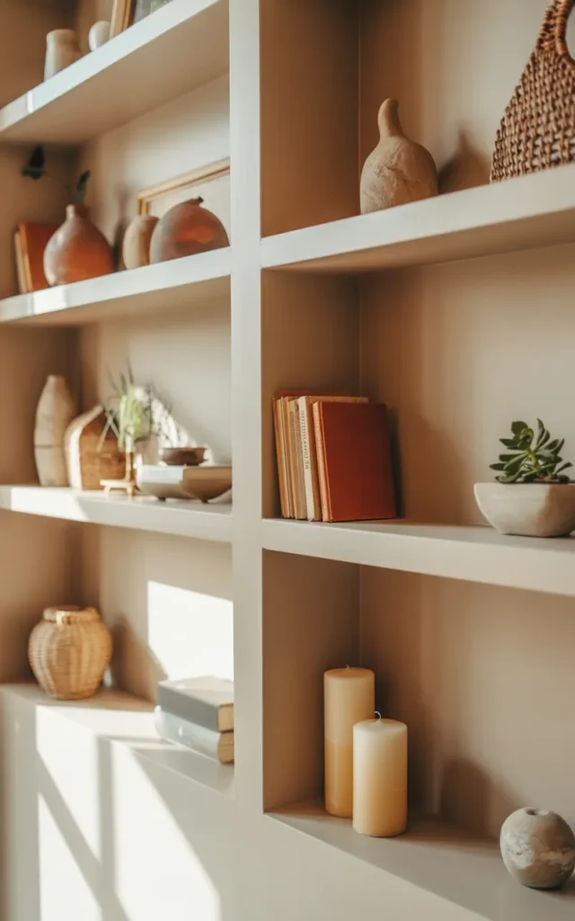 Style open shelves with earthy accents