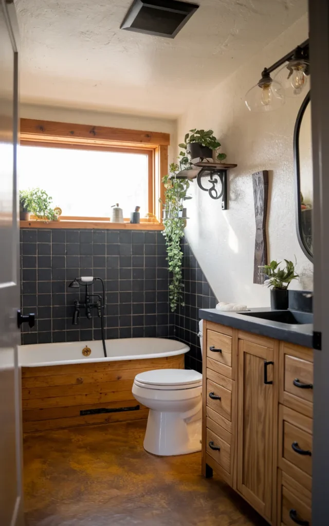 Style the bathroom with black-and-wood contrasts