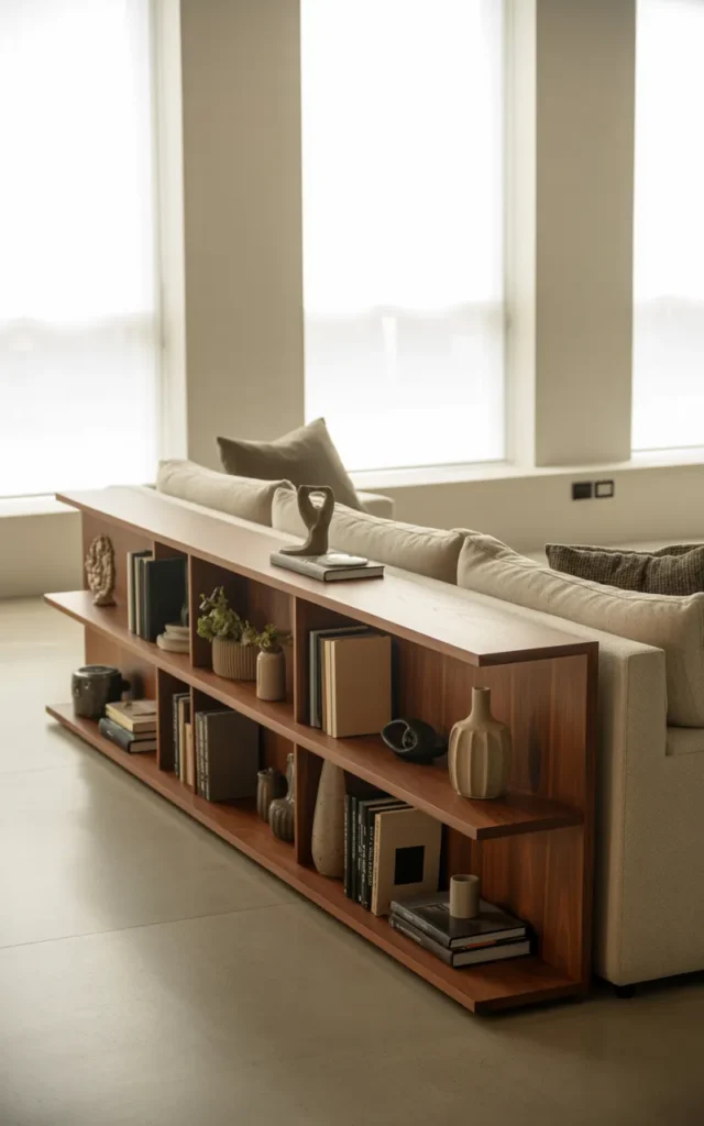 Use a sofa-back partition with shelving