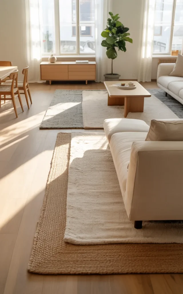 Use layered rugs and furniture to define zones