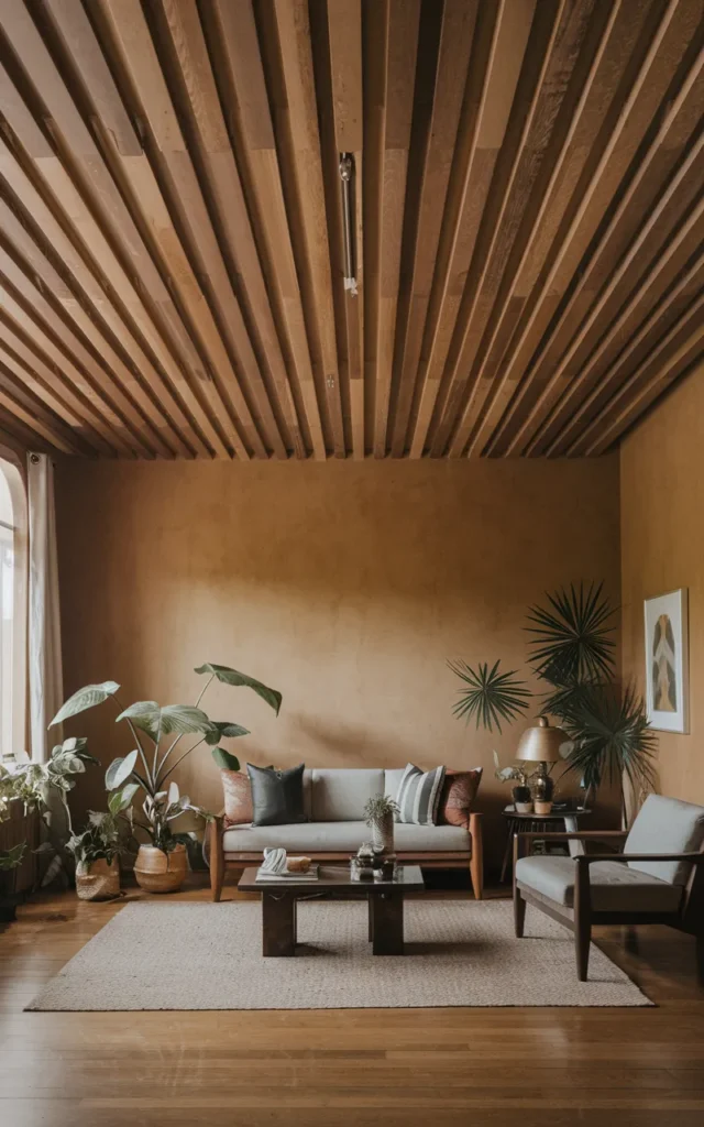 Install a wooden slat ceiling for texture