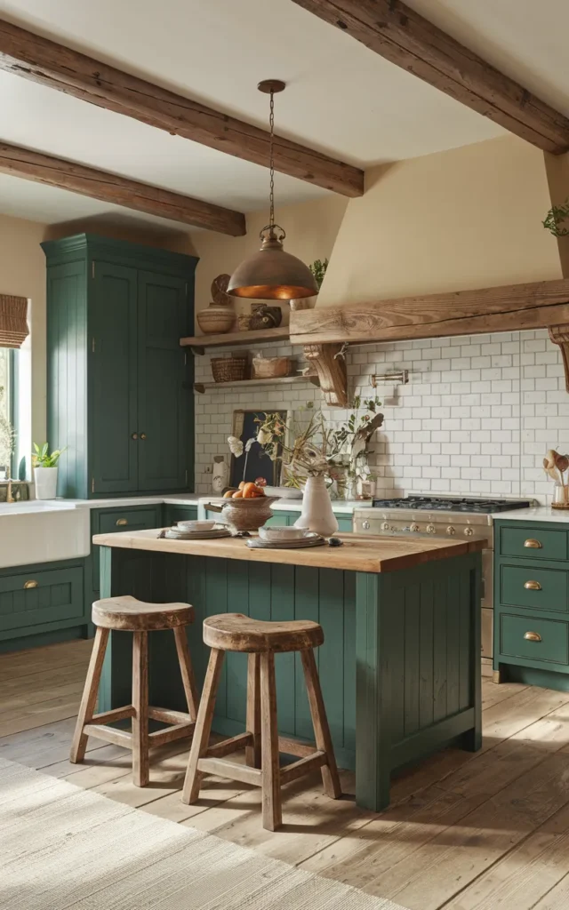 Add ceiling beams to complement rich green tones