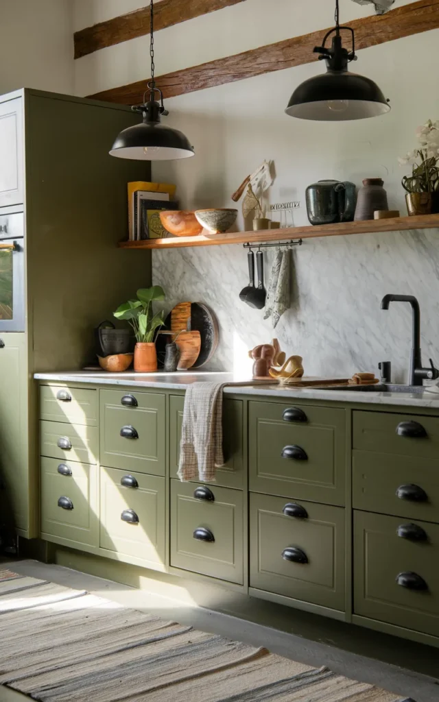 Blend olive green with black accents carefully