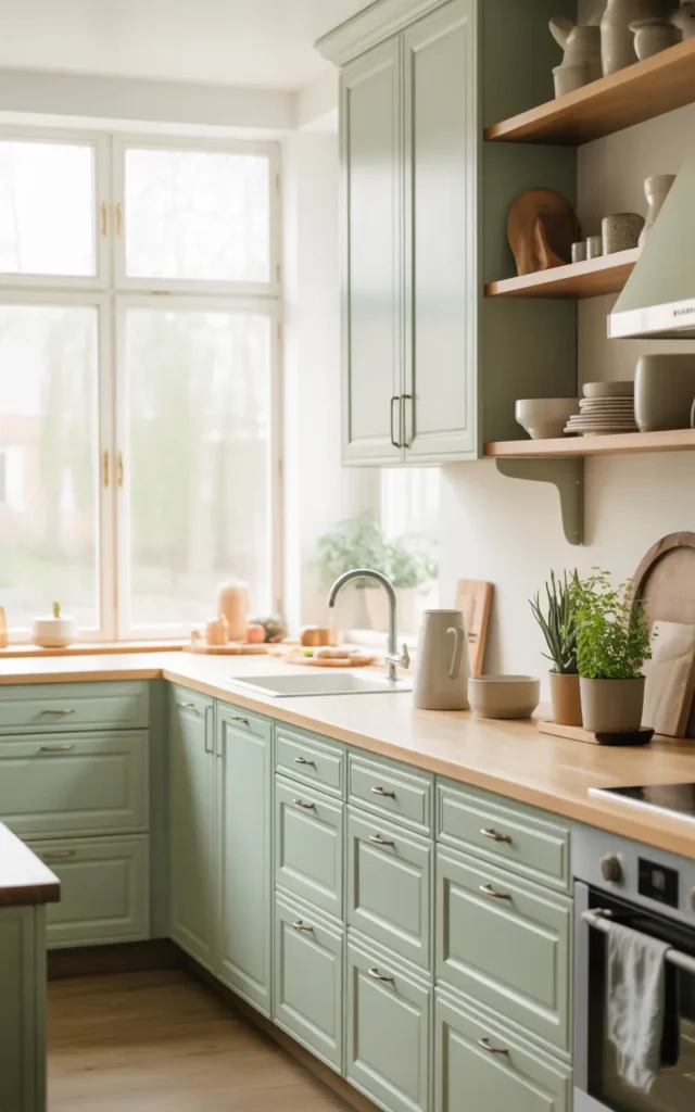 Brighten a dark kitchen using pale mint green