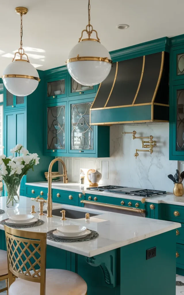 Combine emerald green with dramatic gold details