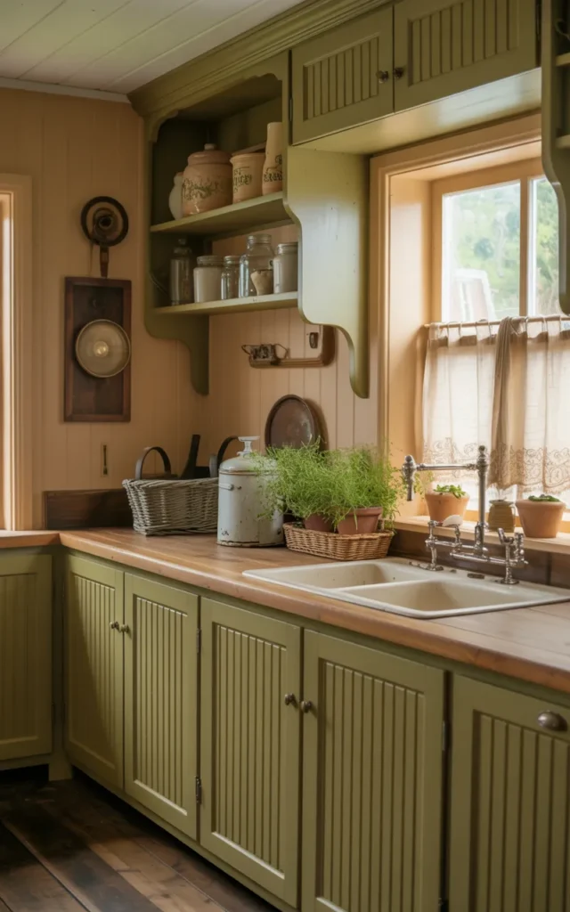 Create a cozy cottage feel using muted olive cabinetry