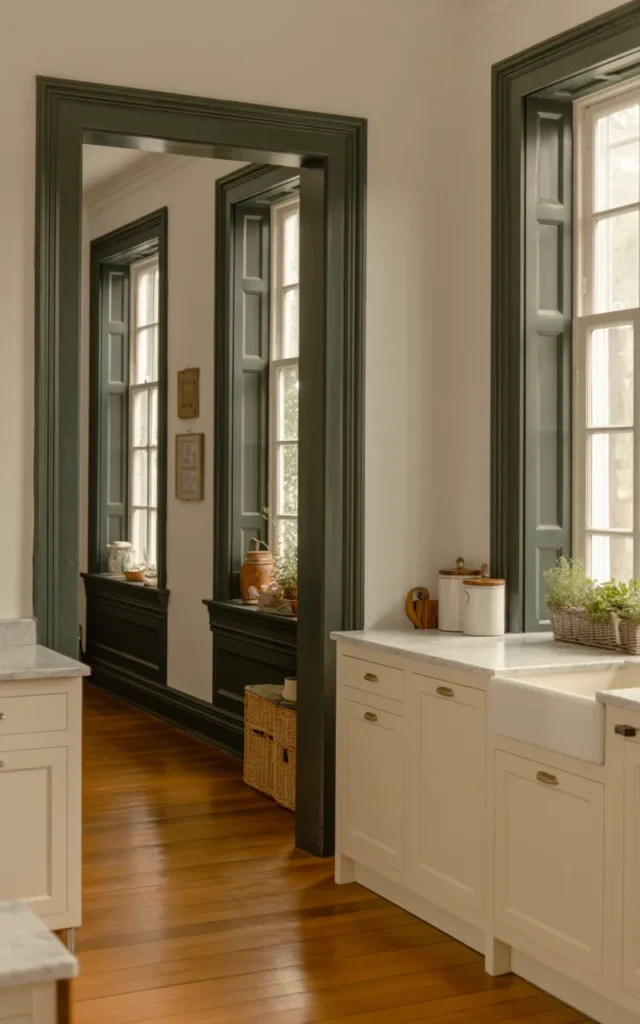 Frame your kitchen with dark green trim