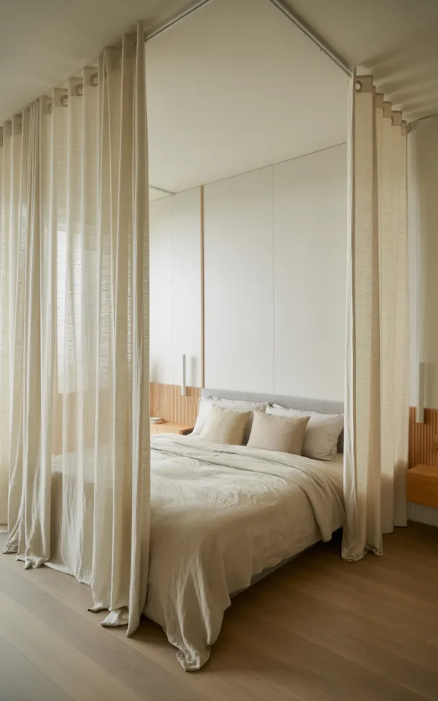 Hang floor-to-ceiling curtains to fake taller ceilings
