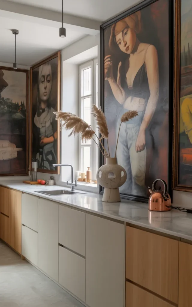 Hang oversized art to distract from the kitchen size