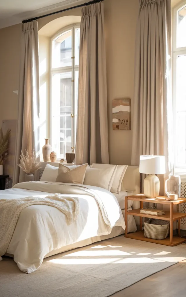 Hang warm-toned curtains from ceiling to floor
