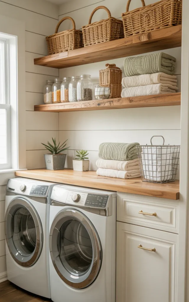 Install Floating Shelves Above the Washer and Dryer