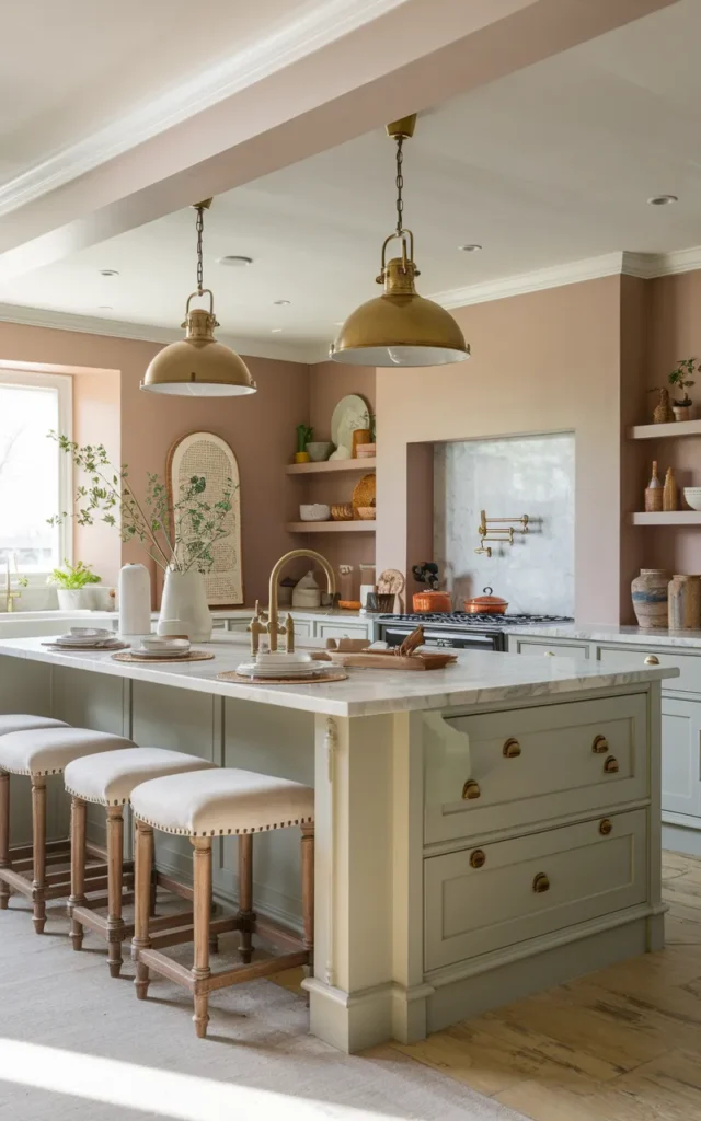 Install a muted green kitchen island as a focal point