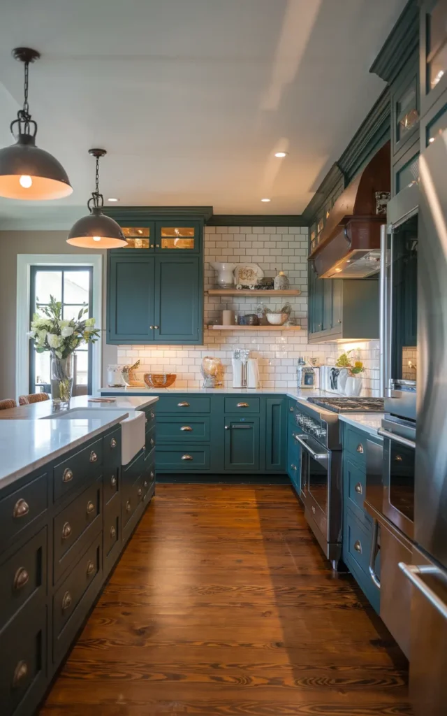 Install dark green shaker cabinets for timeless charm