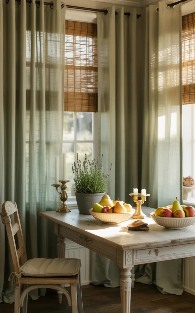 Layer soft green linen curtains near breakfast nooks