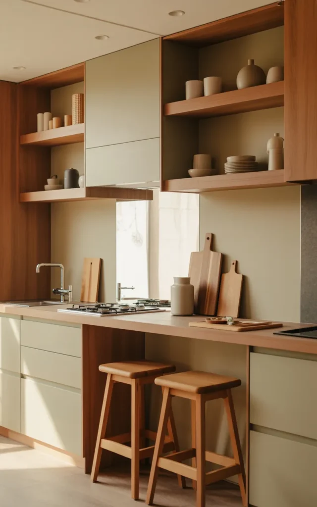 Layer warm wood tones into the kitchen