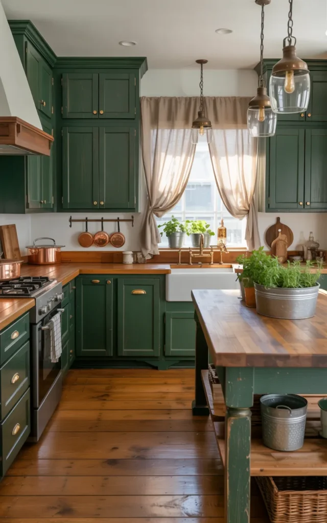 Mix forest green cabinets with butcher block countertops