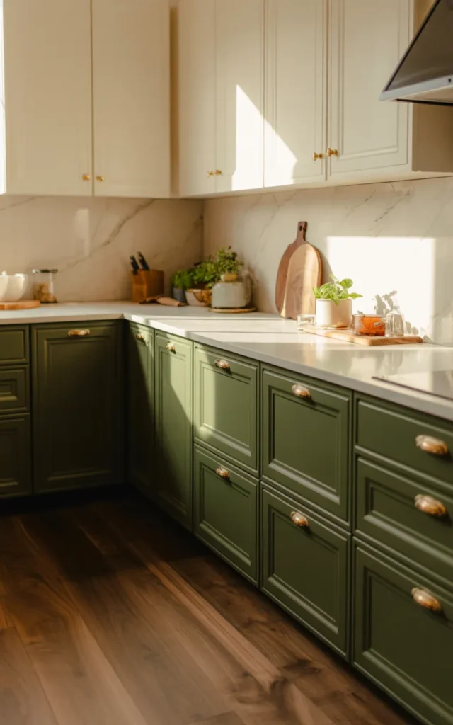 Paint your lower cabinets a deep earthy tone