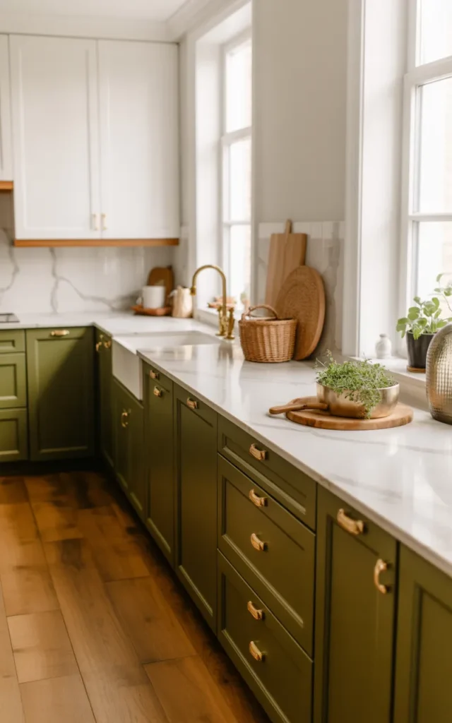 Paint your lower cabinets a deep olive green
