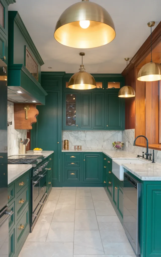 Replace cold lighting with warm brass pendants