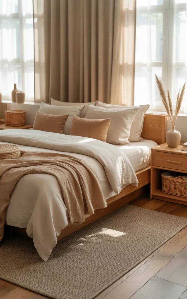 Style a soft neutral palette with layered warm tones