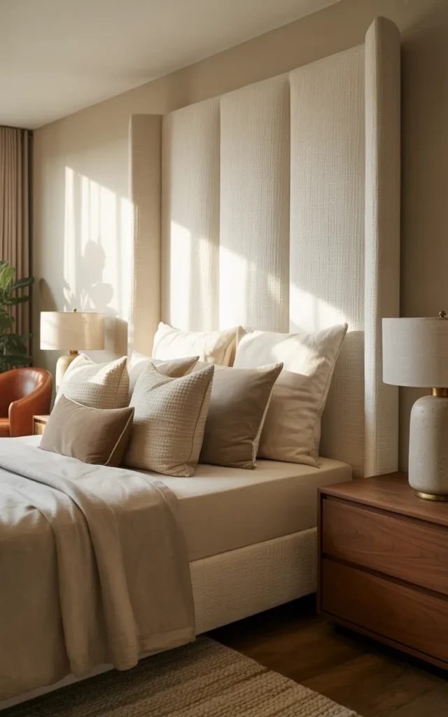 Use upholstered headboards to create softness behind the bed
