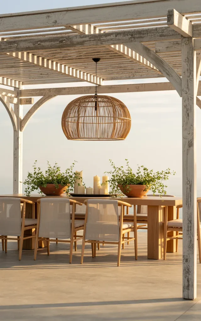 Add a bold outdoor dining pendant.