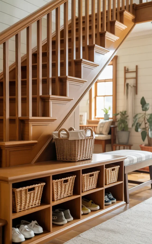 Add a built-in cubby system near the stairs