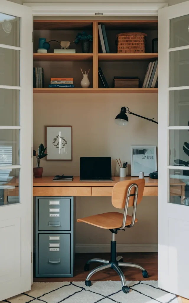Add a compact filing cabinet under the desk.