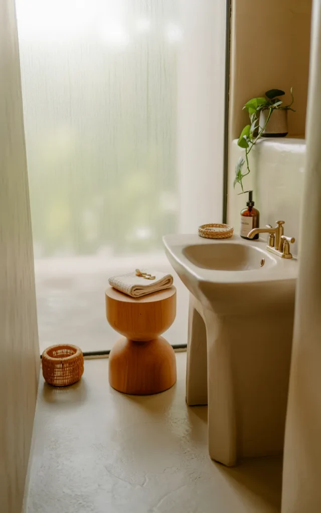 Add a decorative stool beside the vanity.