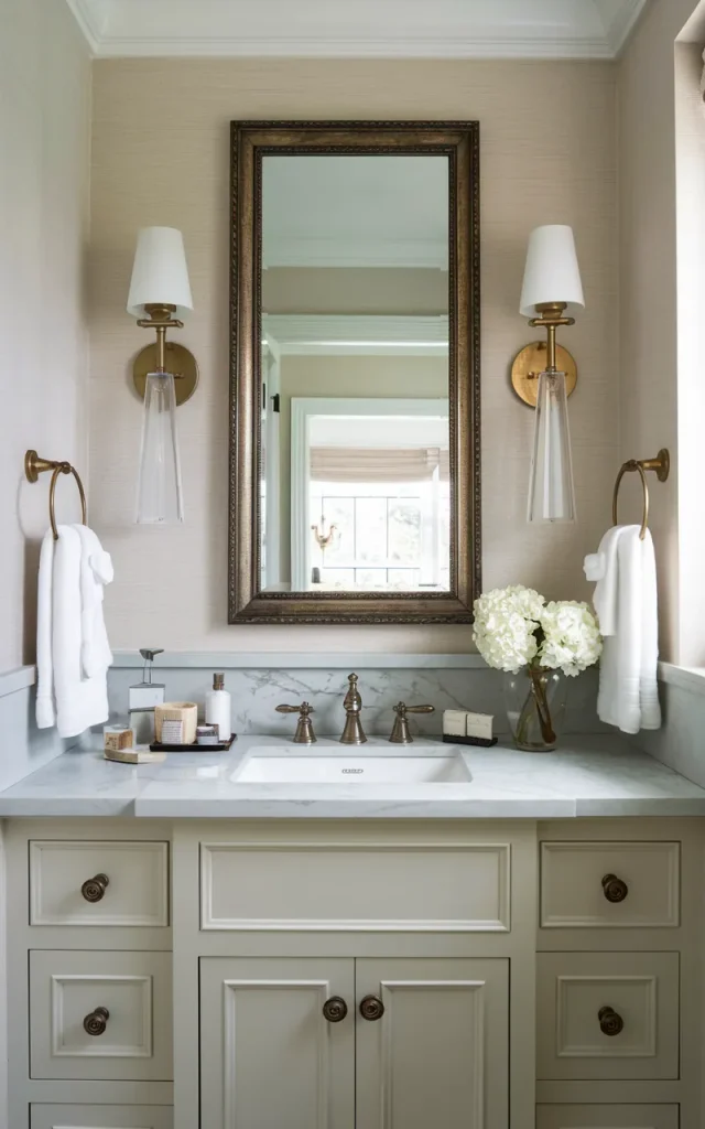 Add a framed mirror wall for a boutique feel.