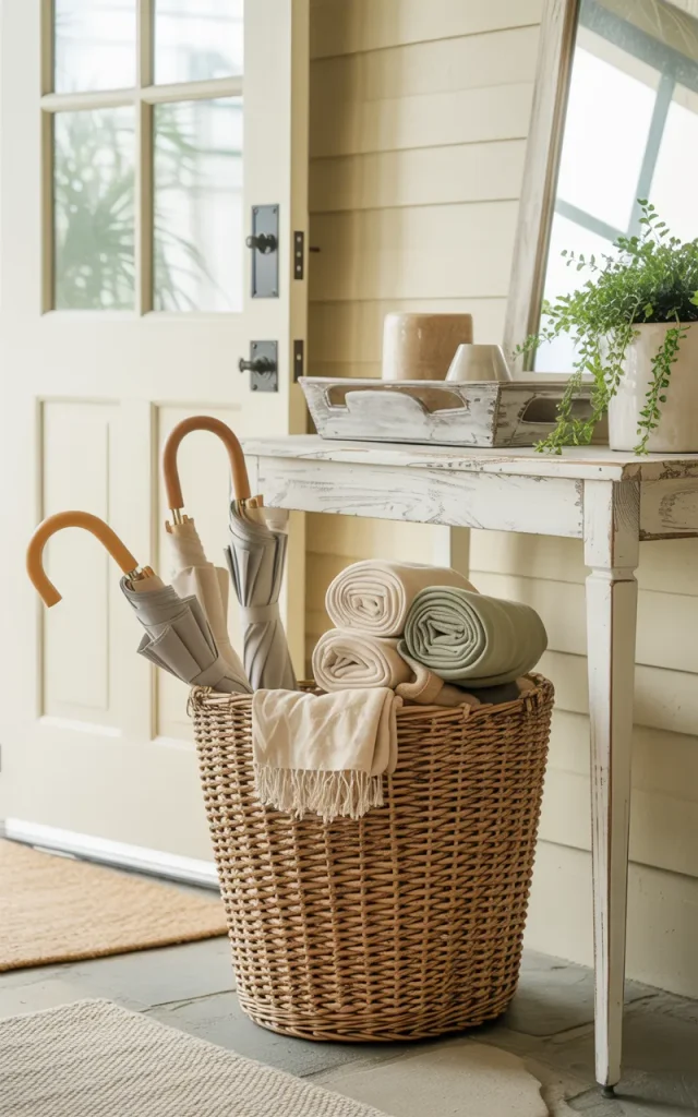 Add a large woven basket for useful storage.