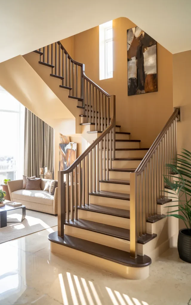 Add a matte bronze railing for warmth