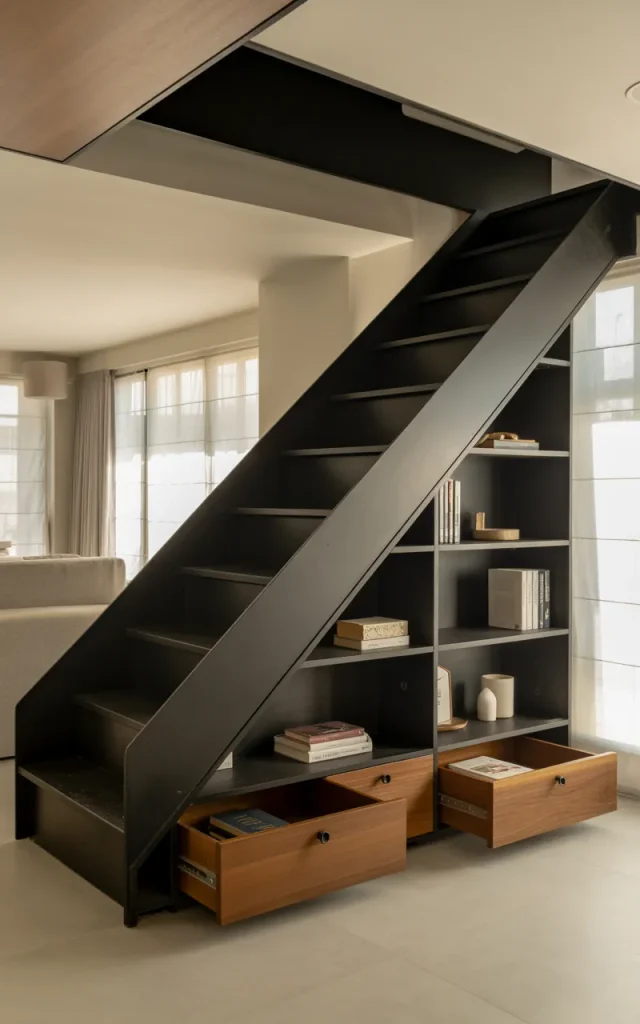 Add a steel staircase with built-in storage below