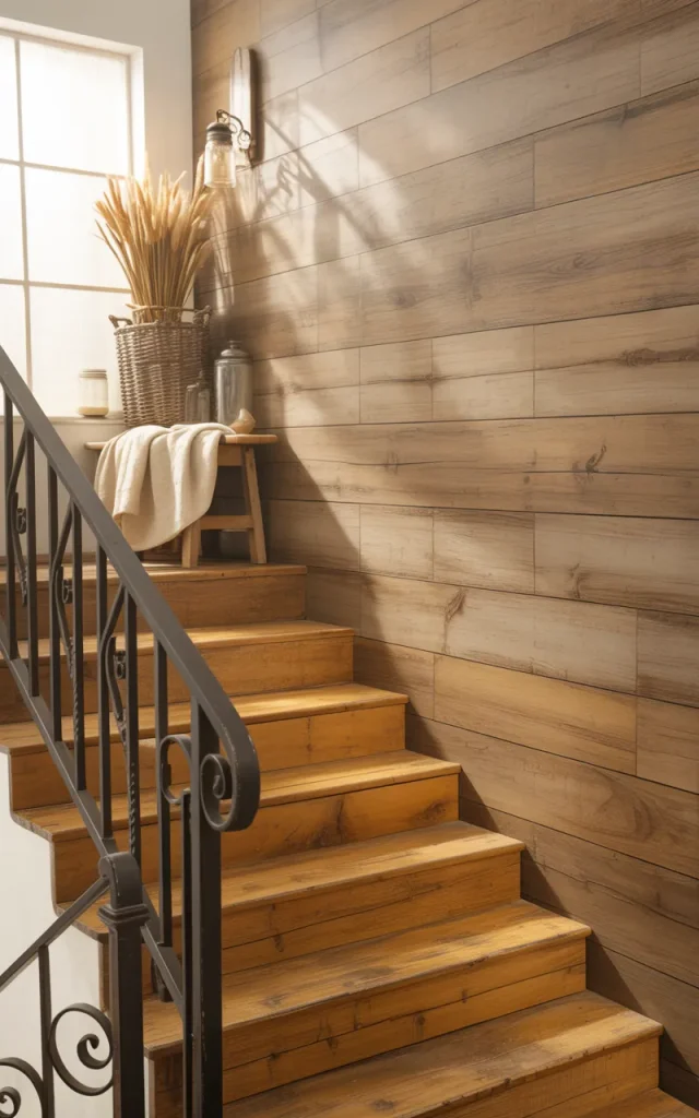 Add a warm woodgrain wallpaper for rustic charm