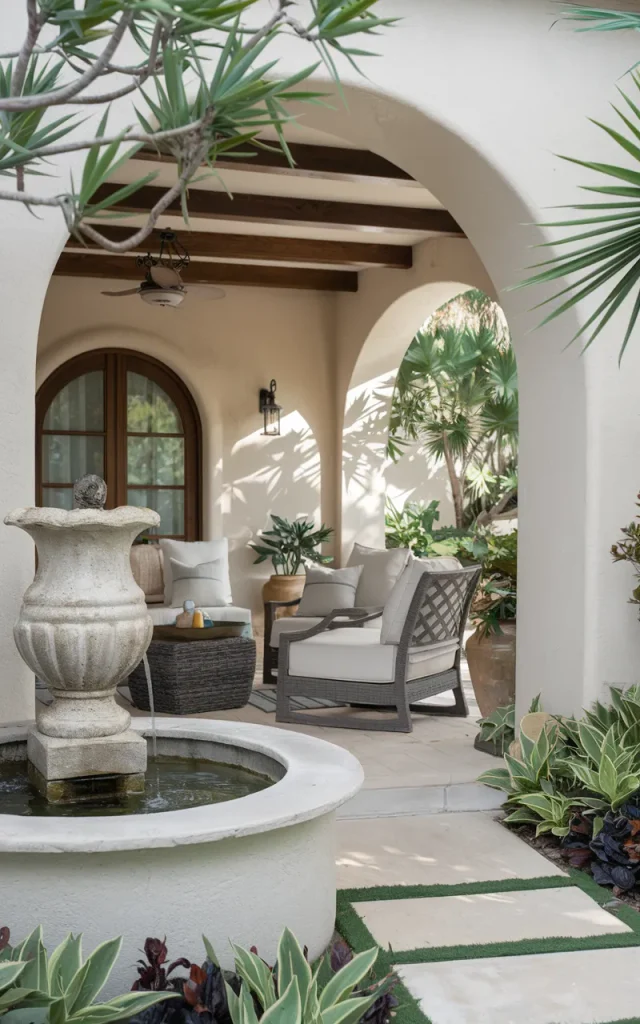 Add a water feature for a peaceful atmosphere.