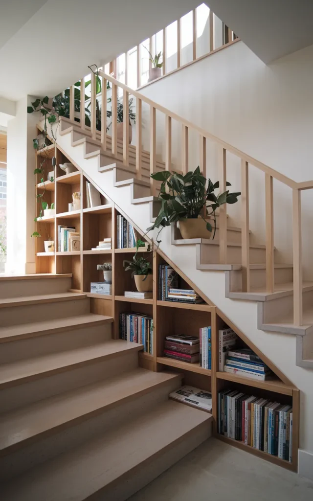 Add built-in shelving beneath the railing