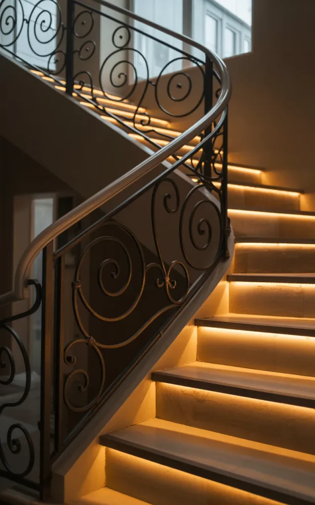 Add lighting within wrought iron railings for drama