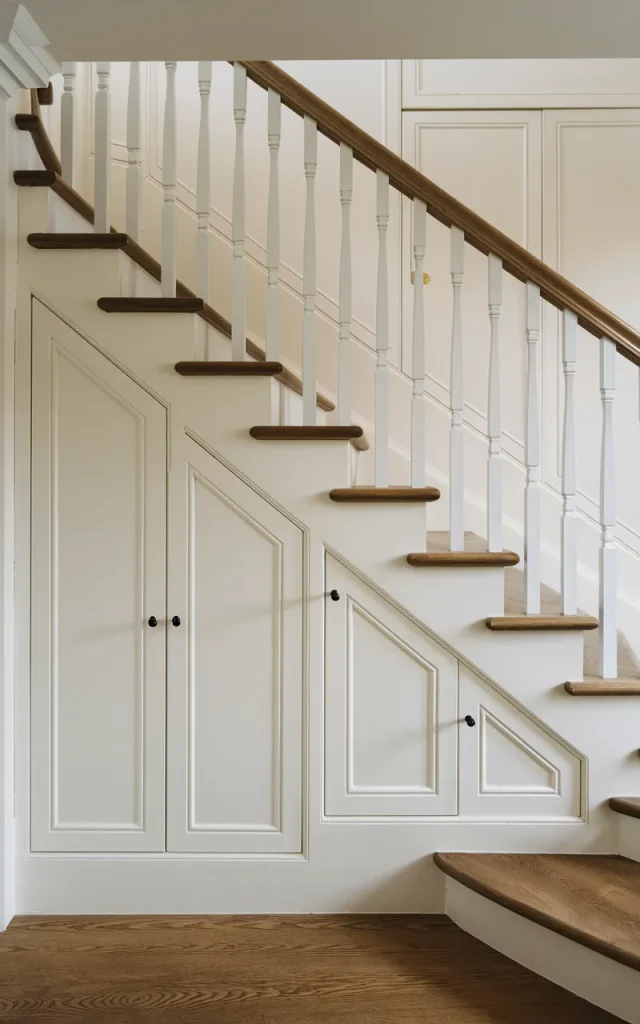 Add paneling beneath the staircase for hidden storage zones