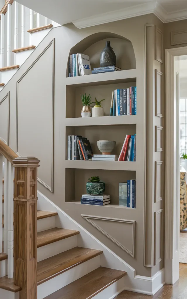 Blend paneling with built-in bookshelves along the staircase wall