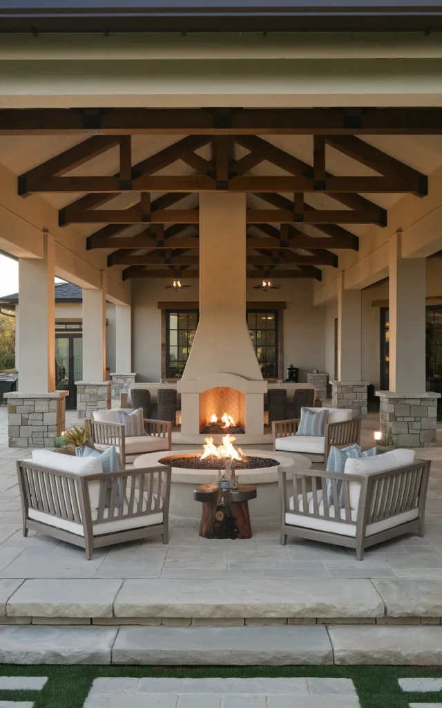 Build a covered patio around a central fire feature.