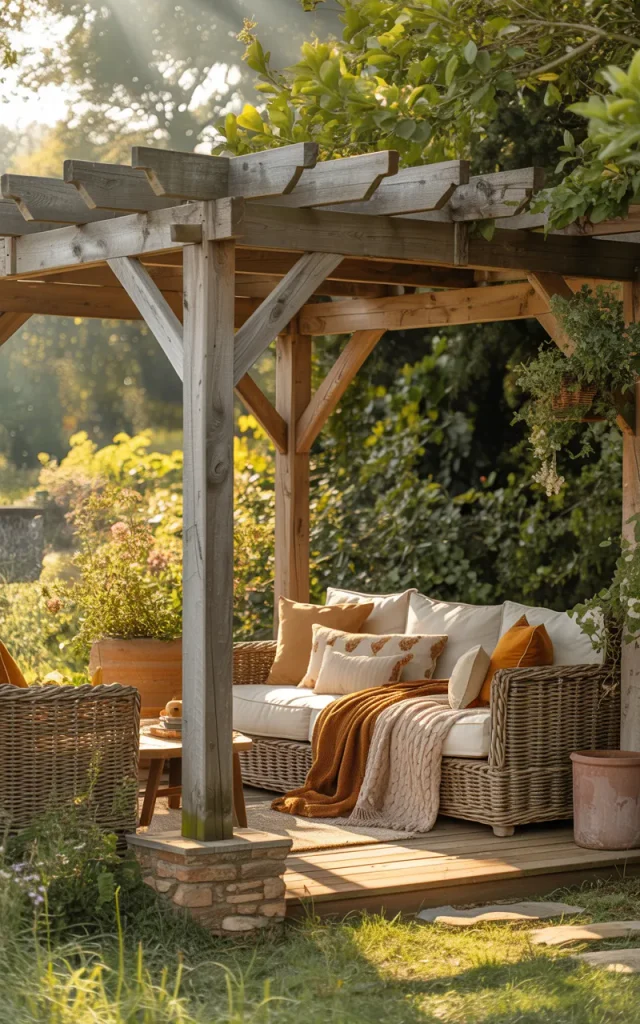 Build a rustic gazebo with natural wood.