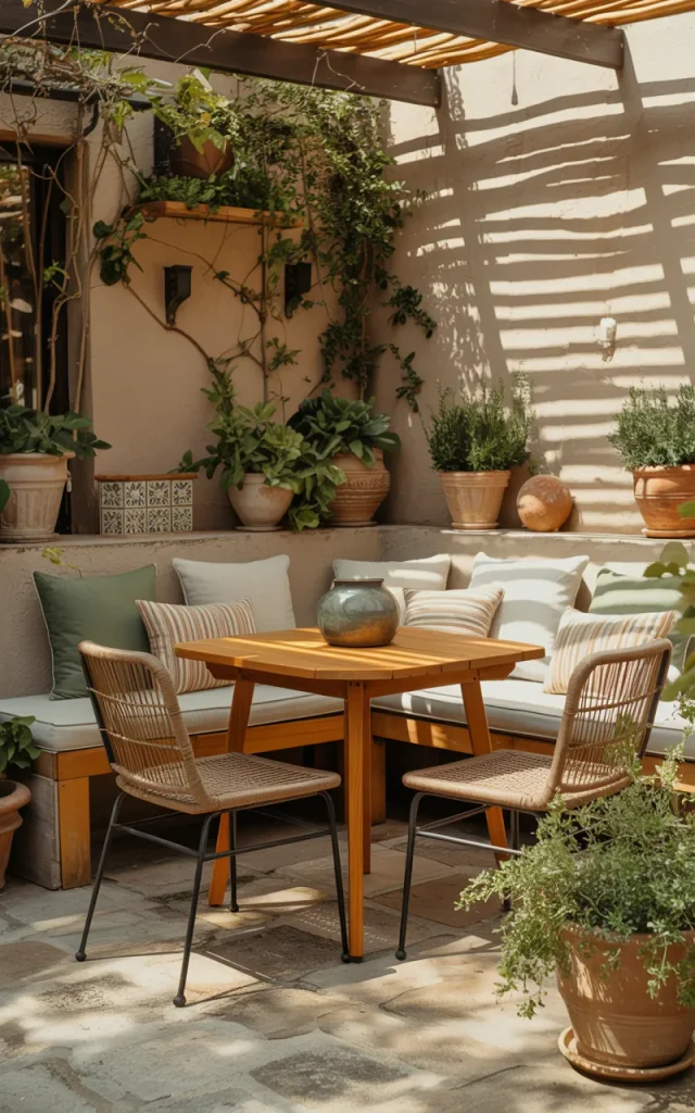 Build an intimate dining nook with a corner bench.