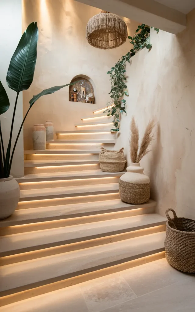 Choose soft beige stone tiles for a calming look