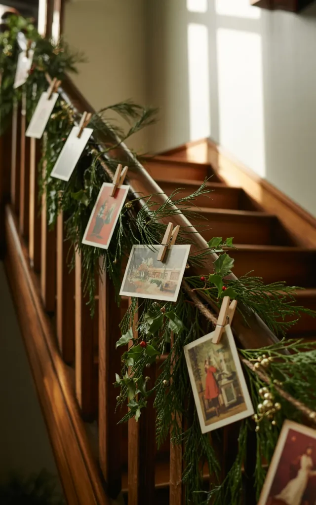 Clip holiday cards along the garland